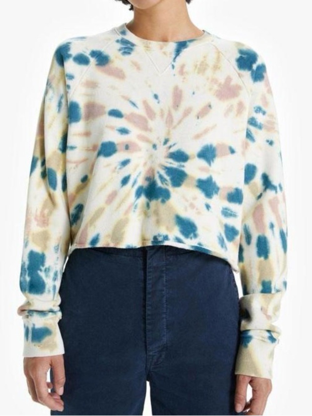 MOTHER The Loafer Crop Fray Crewneck Sweatshirt Top  Delusional Tie Dye XS